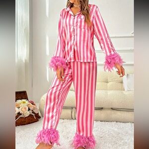 Pink pinstripe pajamas set w/ feathers
